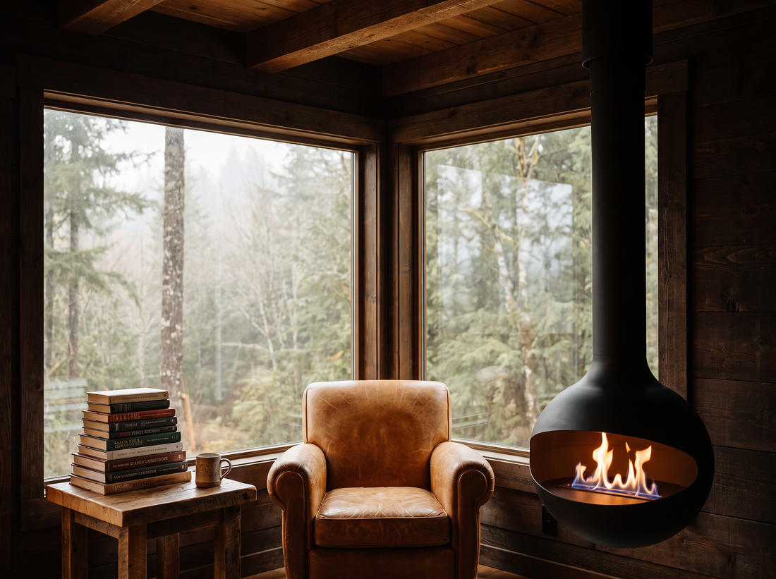 Black Sphere suspended fire in the corner of a forest cabin