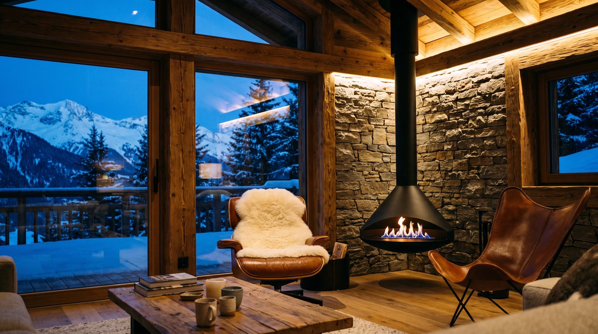 Black Orbit suspended fire in the corner of an alpine chalet