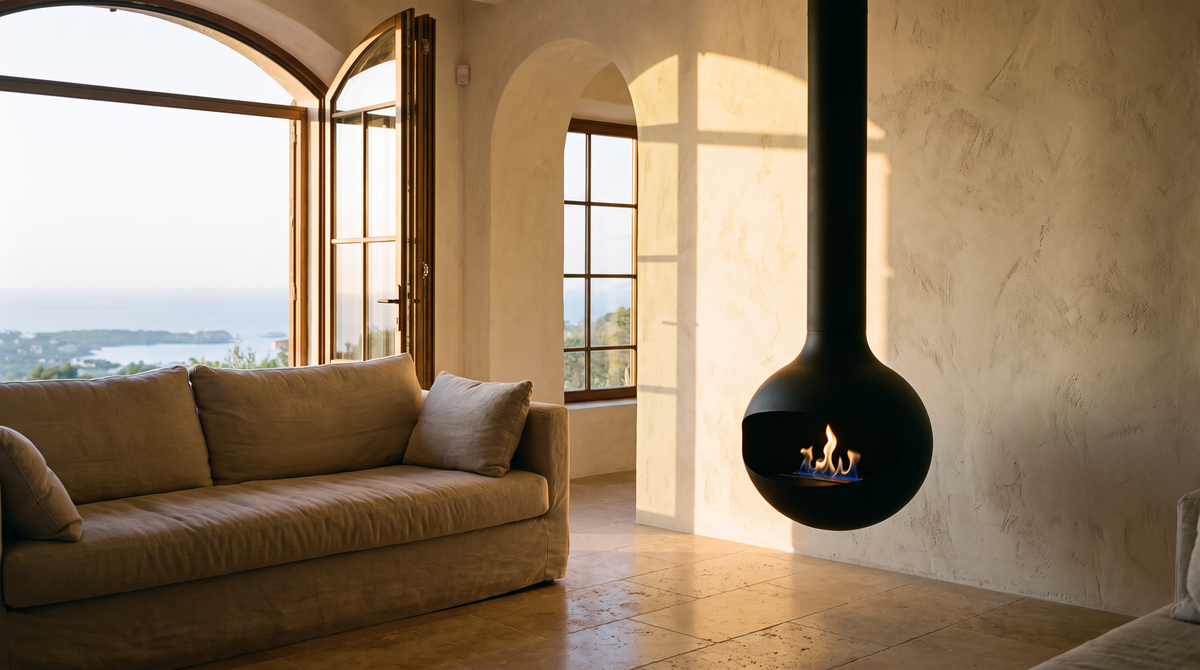 Black Sphere suspended fire against a limewashed wall in a coastal villa