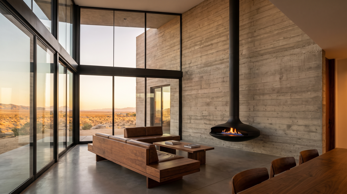 Black Curve 120 suspended fire against a board-formed concrete wall