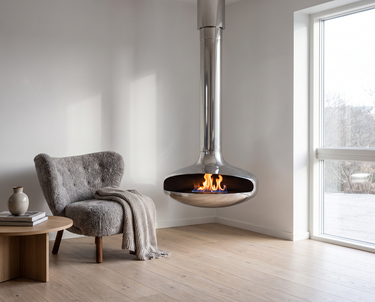 Polished stainless Curve 90 suspended fire in the corner of a Scandinavian living room