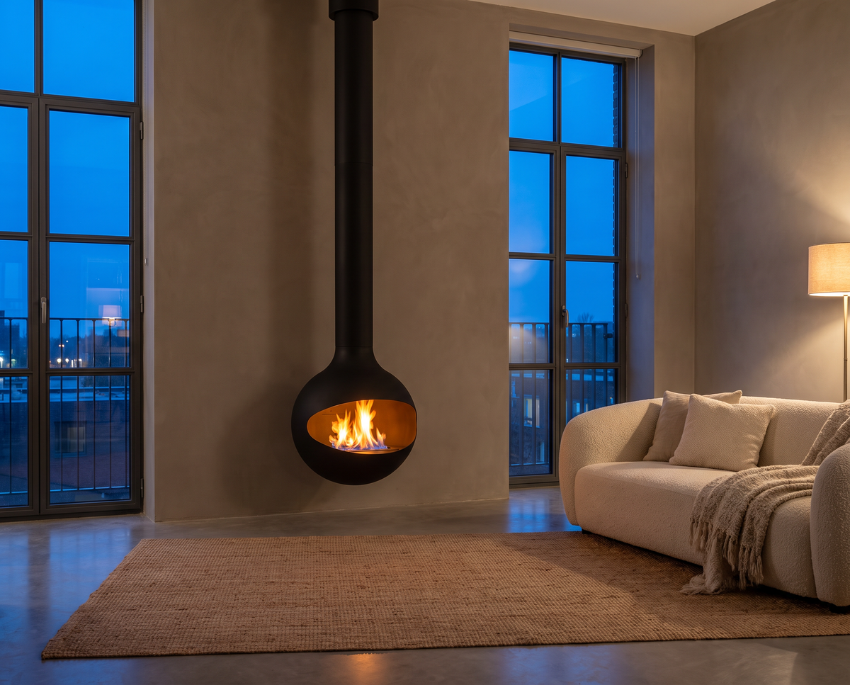 Black Sphere suspended fire between two tall windows