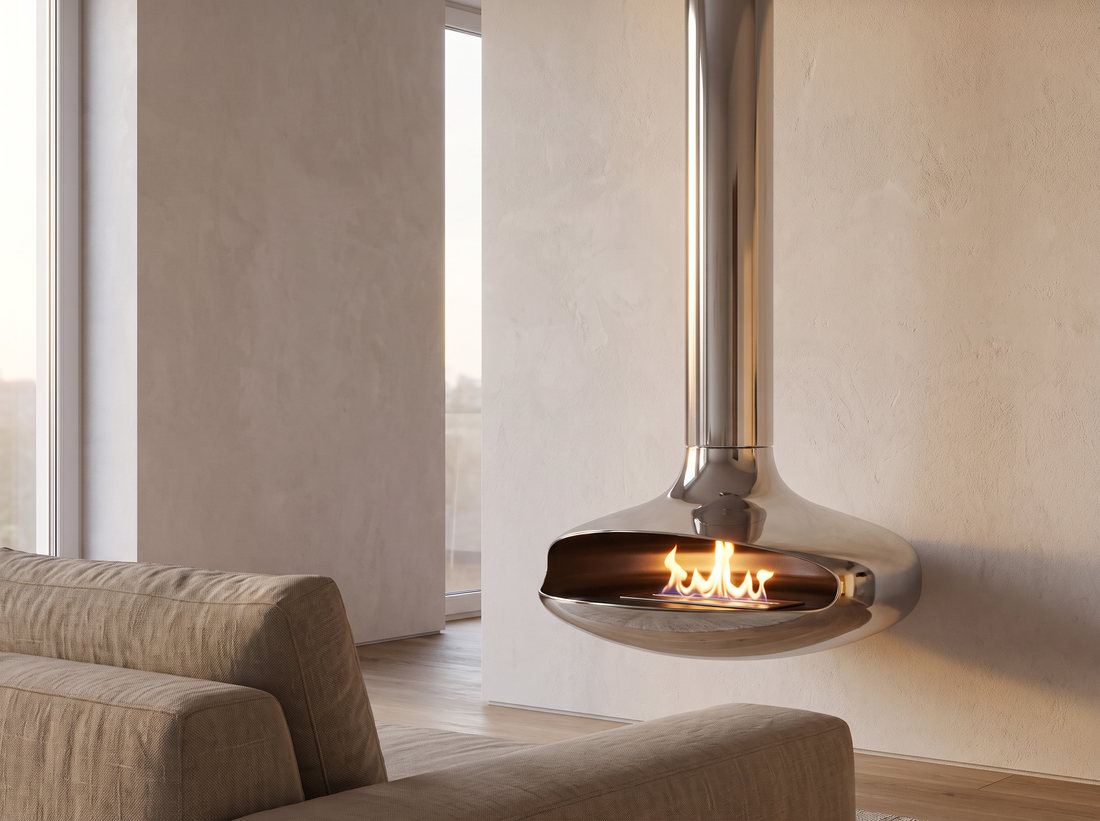 Polished stainless Curve 90 suspended fire against a plaster wall