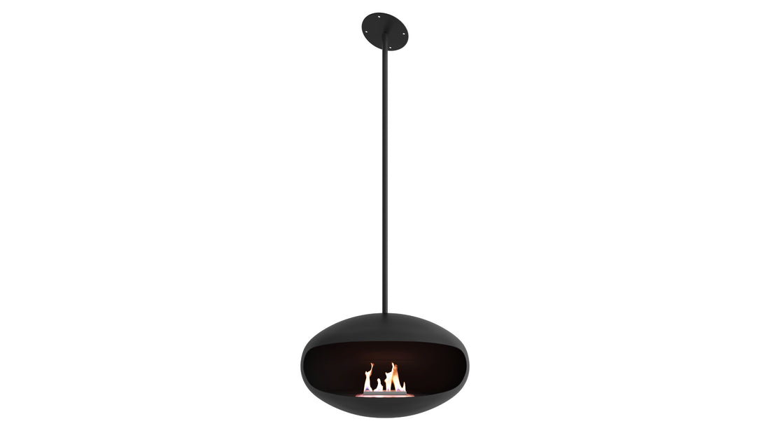 Cocoon Aeris matte black suspended fireplace with angled ceiling bracket