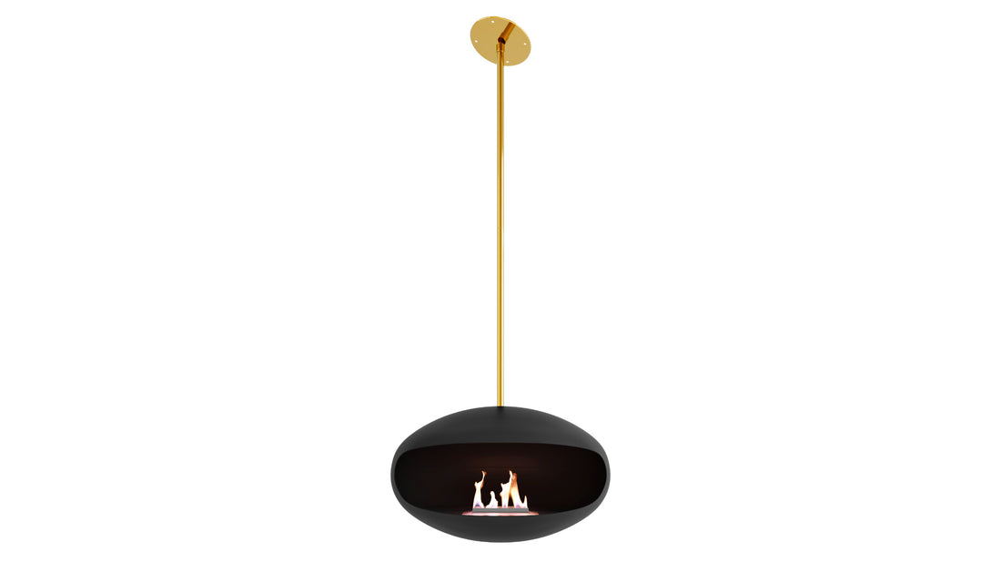 Cocoon Aeris black suspended fireplace with brass pole and angled bracket
