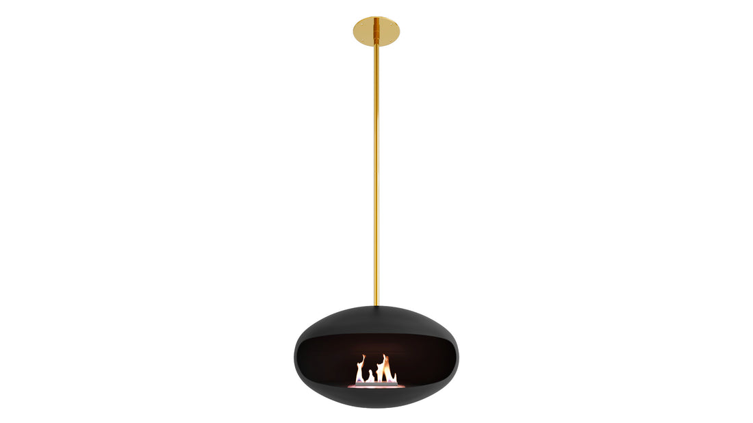 Cocoon Aeris black suspended fireplace with brass pole and standard bracket