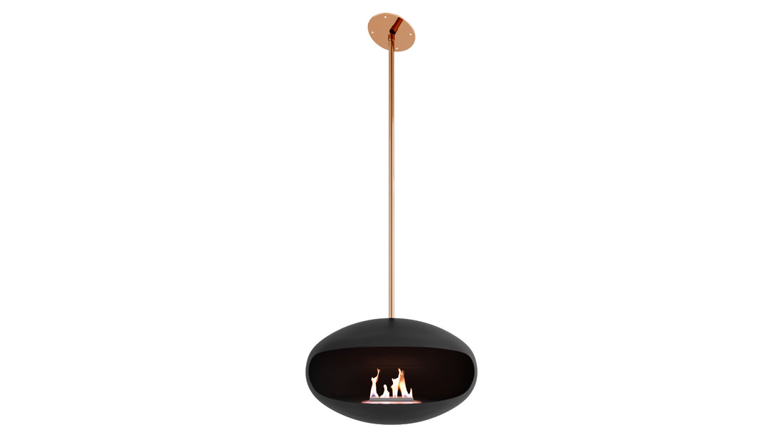 Cocoon Aeris black suspended fireplace with copper pole and angled bracket