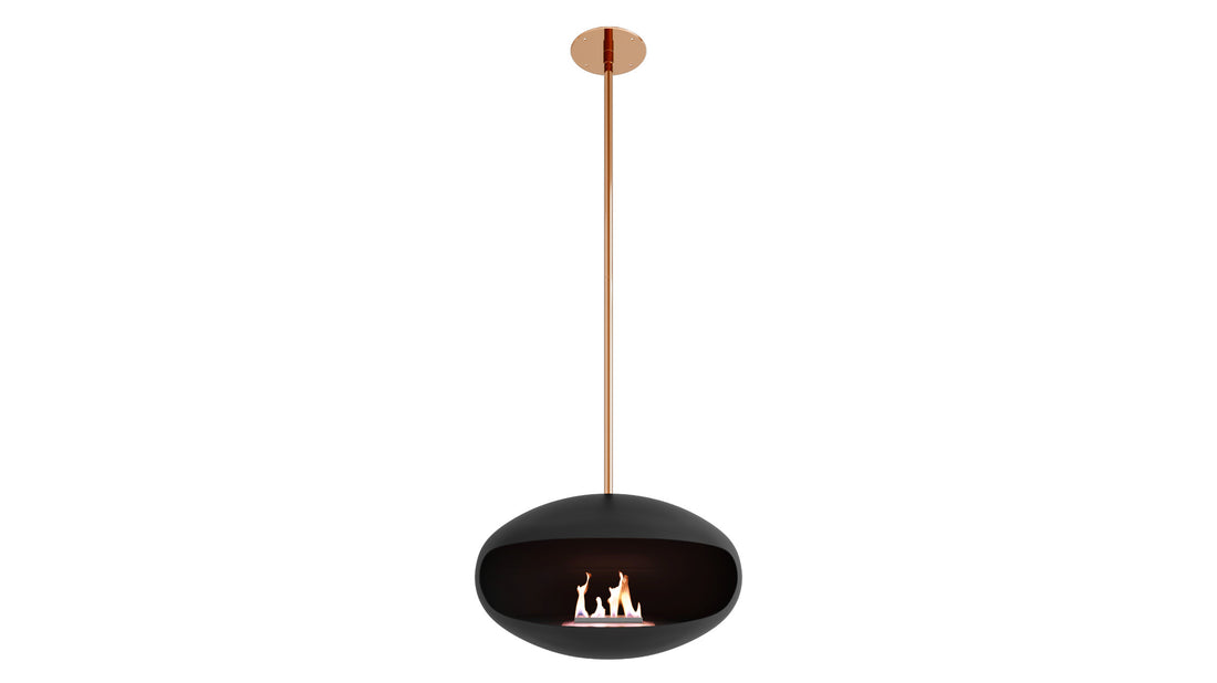 Cocoon Aeris black suspended fireplace with copper pole and standard bracket