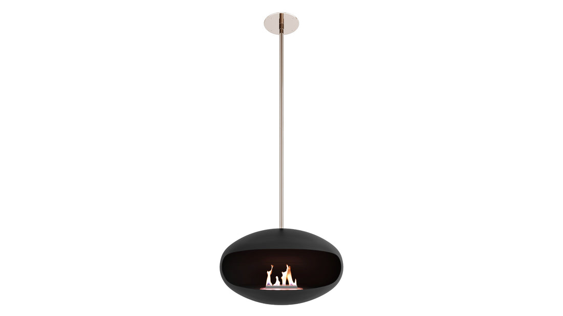 Cocoon Aeris black suspended fireplace with stainless steel pole