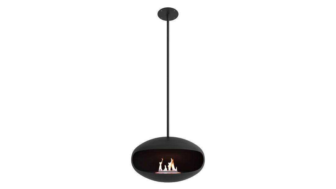 Cocoon Aeris matte black suspended fireplace with standard mounting