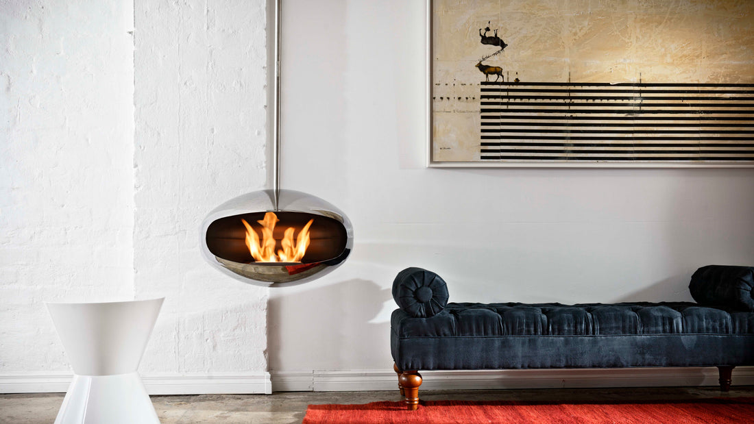 Cocoon Aeris stainless steel suspended fireplace in contemporary interior