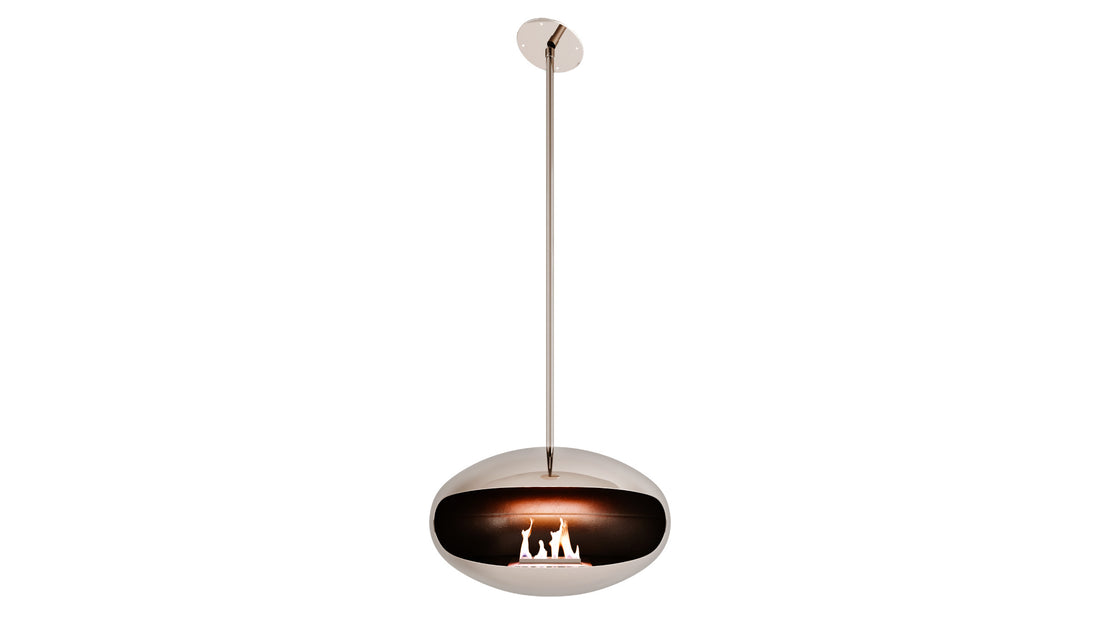 Cocoon Aeris stainless steel suspended fireplace with angled ceiling bracket