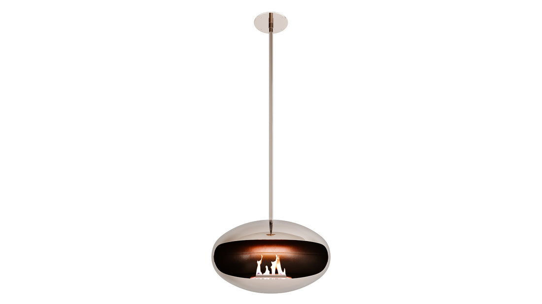Cocoon Aeris stainless steel suspended fireplace with standard ceiling bracket