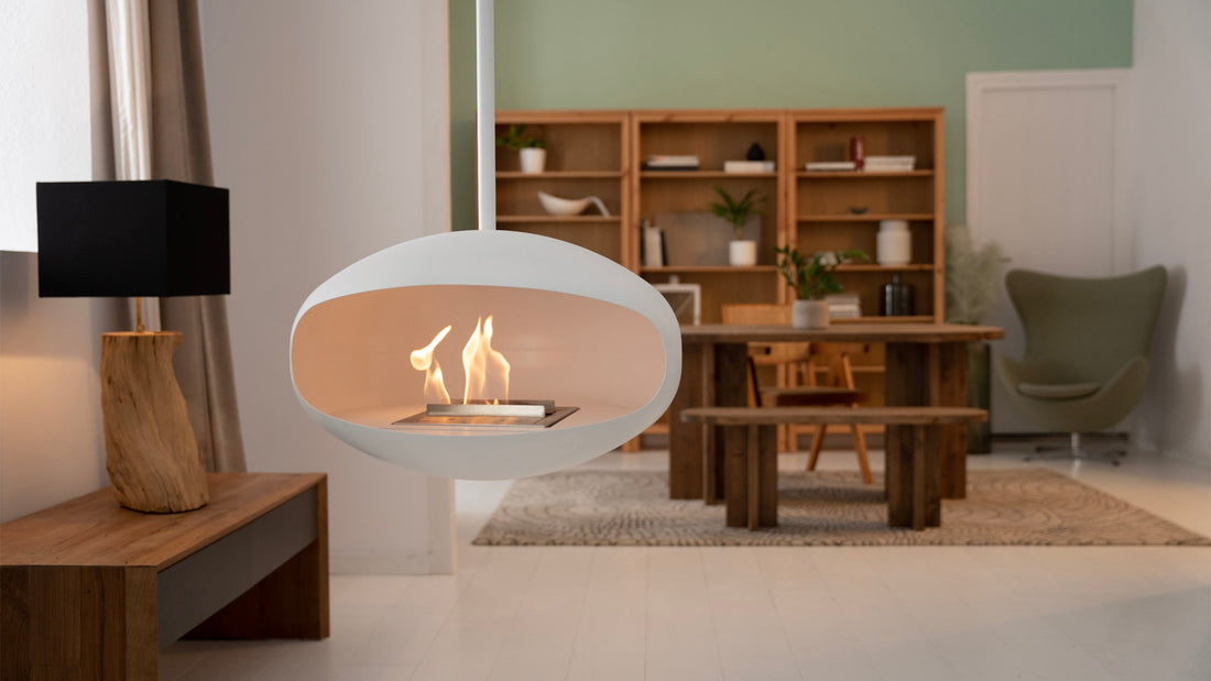 Cocoon Aeris white suspended bioethanol fireplace in modern interior