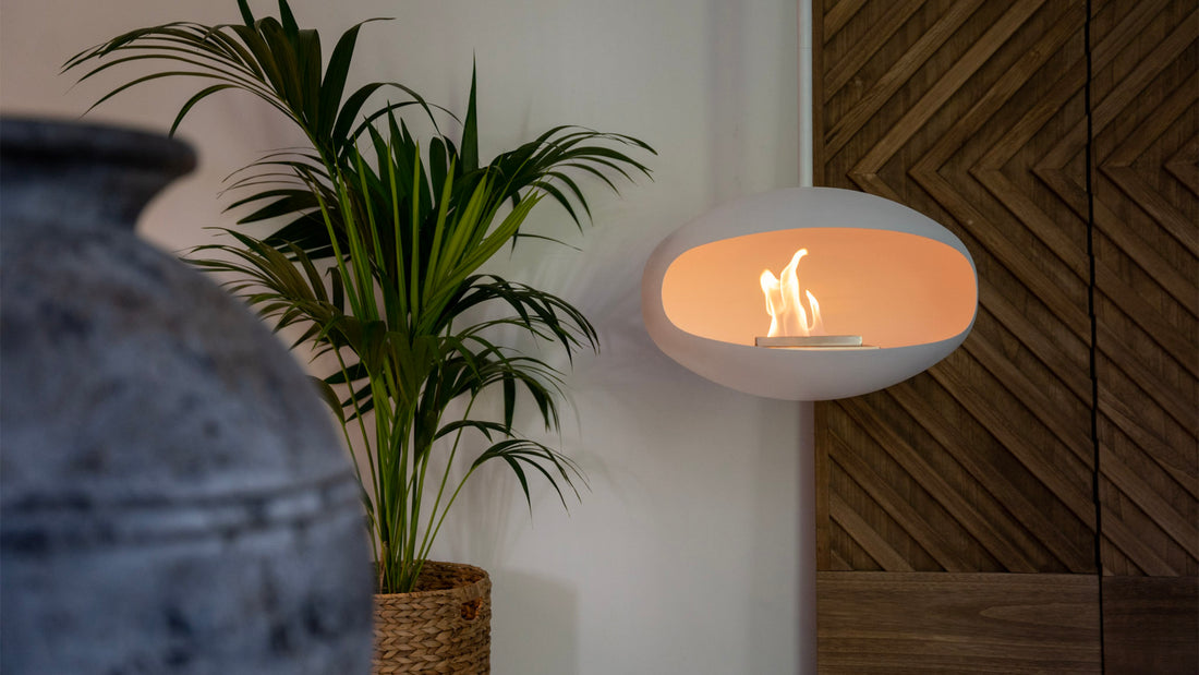 Cocoon Aeris white hanging fireplace in contemporary living space