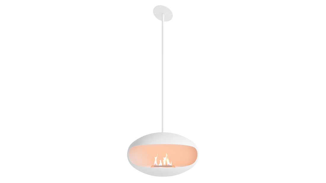 Cocoon Aeris matte white suspended fireplace with angled ceiling bracket
