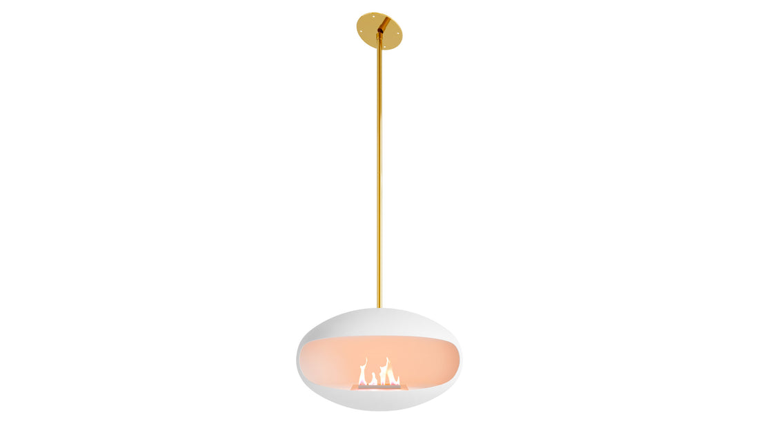 Cocoon Aeris white suspended fireplace with brass pole and angled bracket