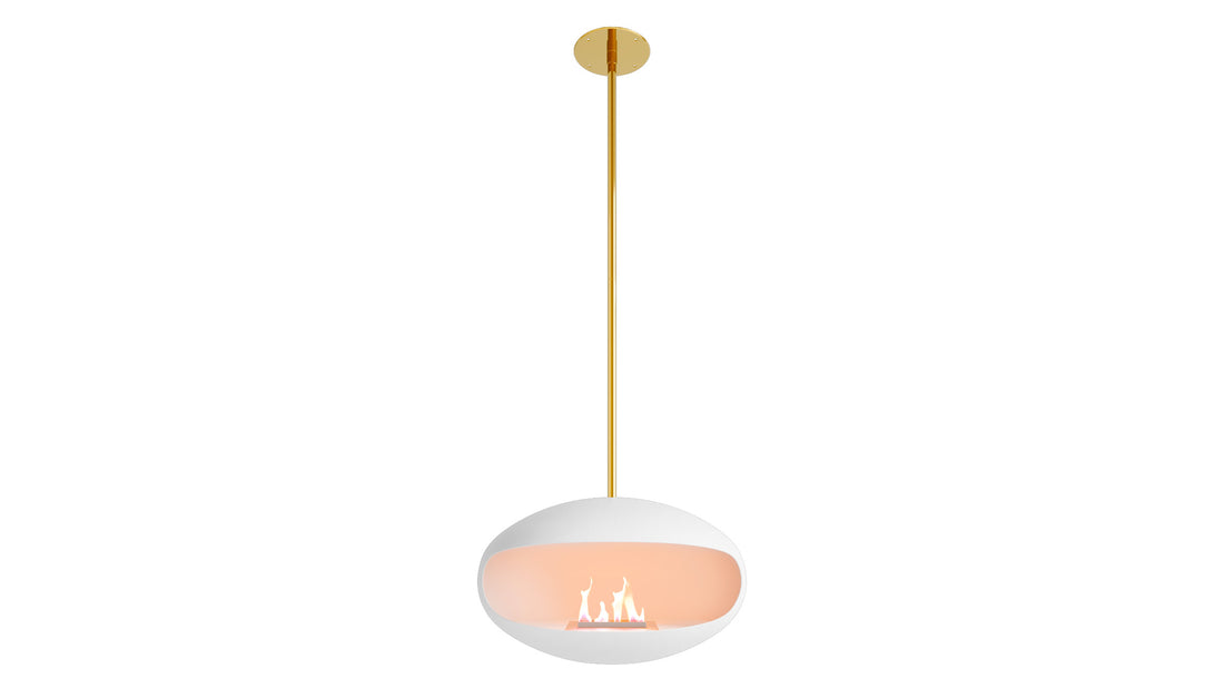 Cocoon Aeris white suspended fireplace with brass pole and standard bracket