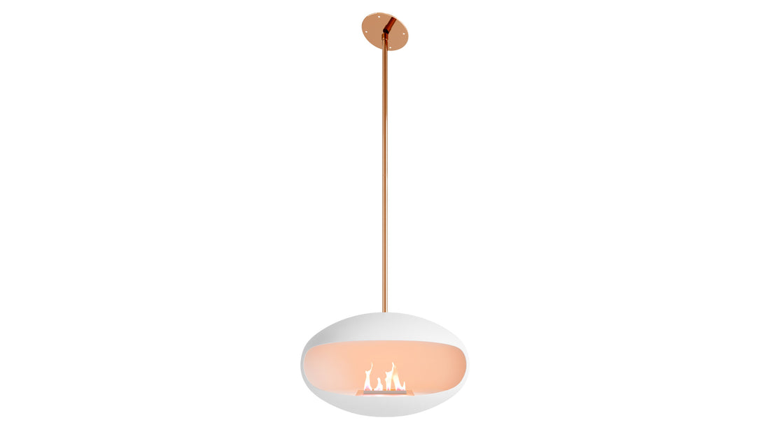 Cocoon Aeris white suspended fireplace with copper pole and angled bracket