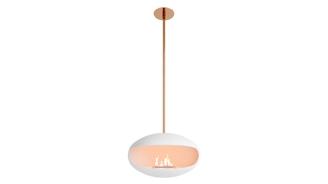 Cocoon Aeris white suspended fireplace with copper pole and standard bracket