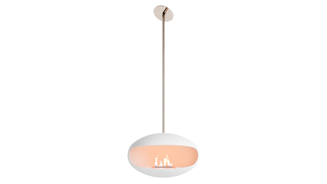 Cocoon Aeris white suspended fireplace with stainless steel pole and angled bracket