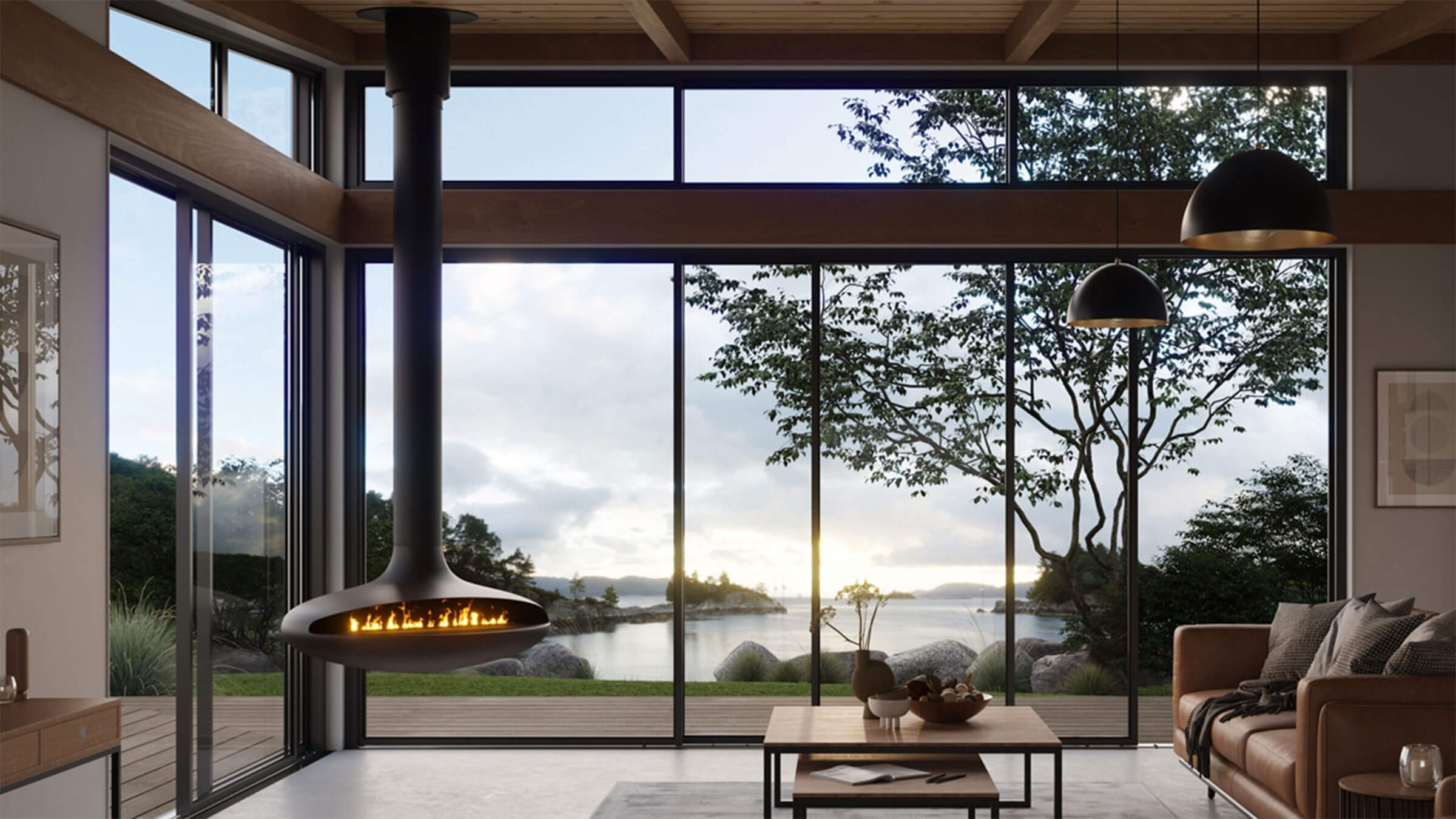 Curve 120 black suspended fireplace in contemporary interior