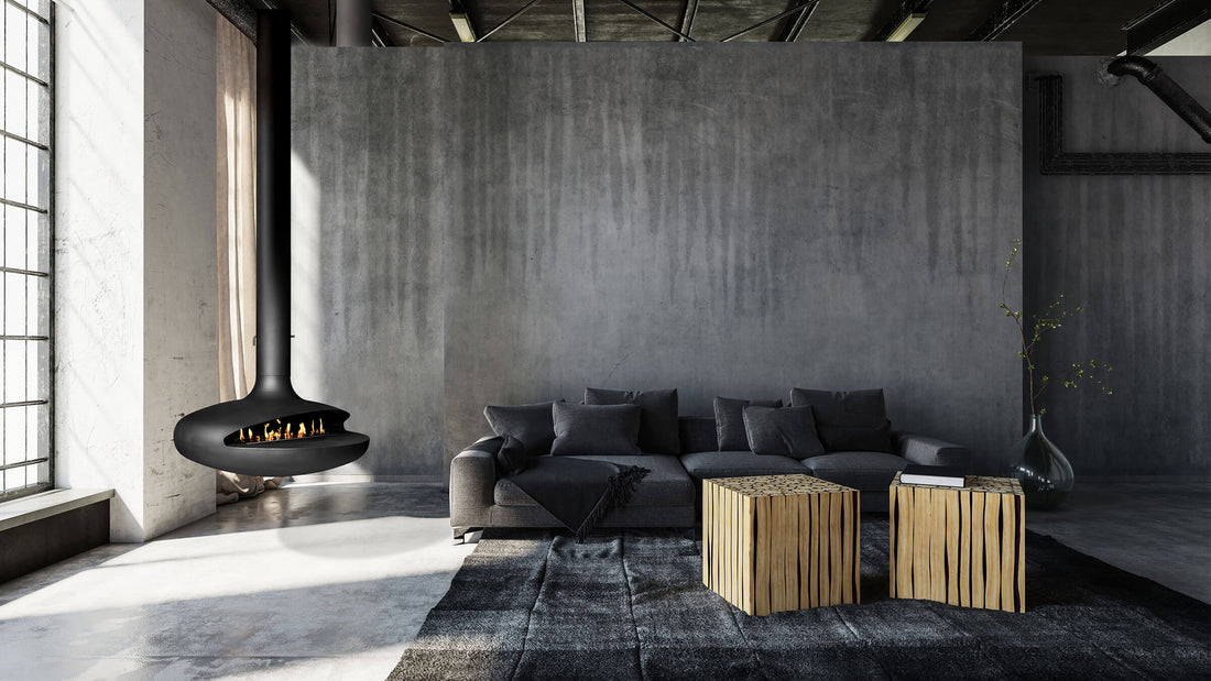 Curve 120 black hanging fireplace in modern living space