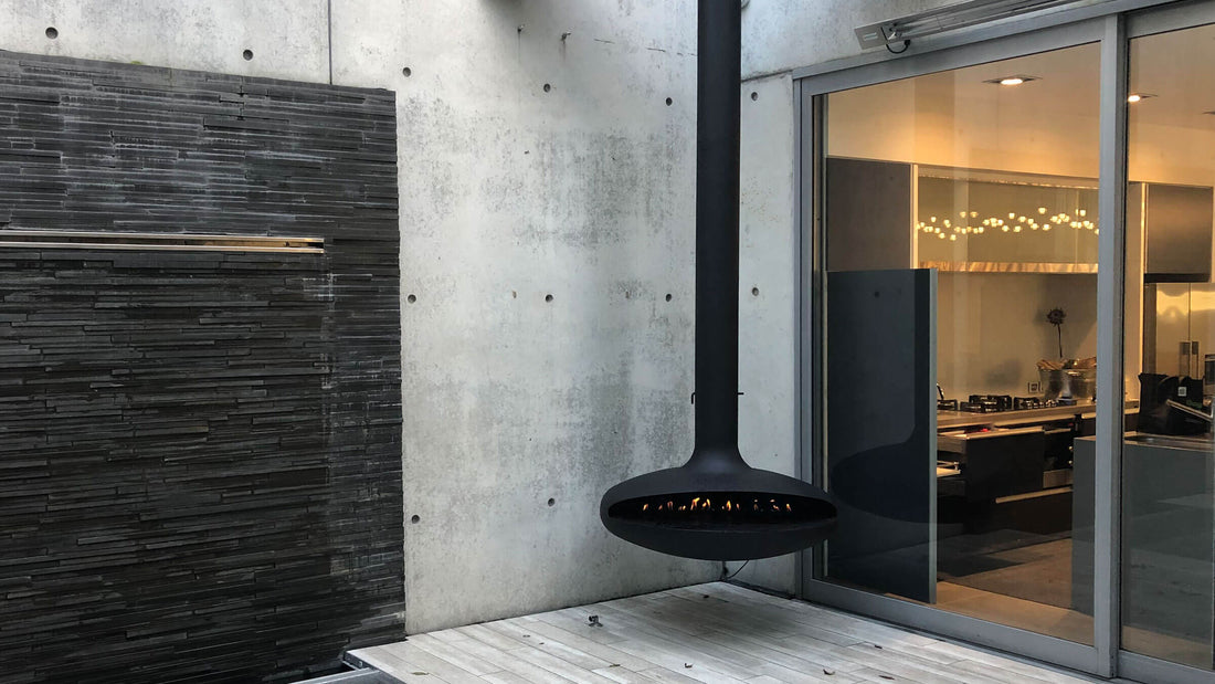 Curve 120 black hanging fireplace in contemporary living room