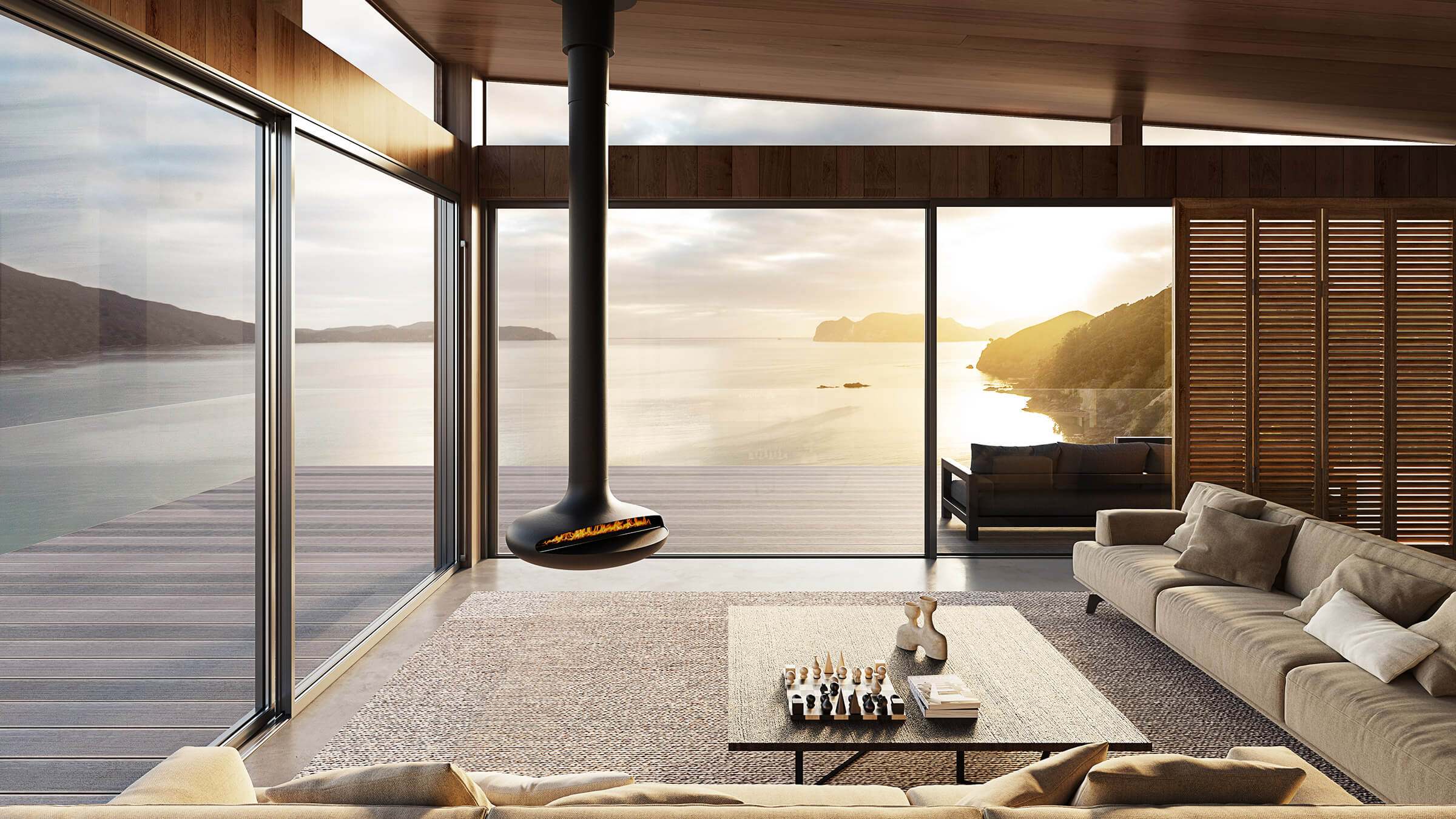 Curve 90 black suspended fireplace in contemporary living space