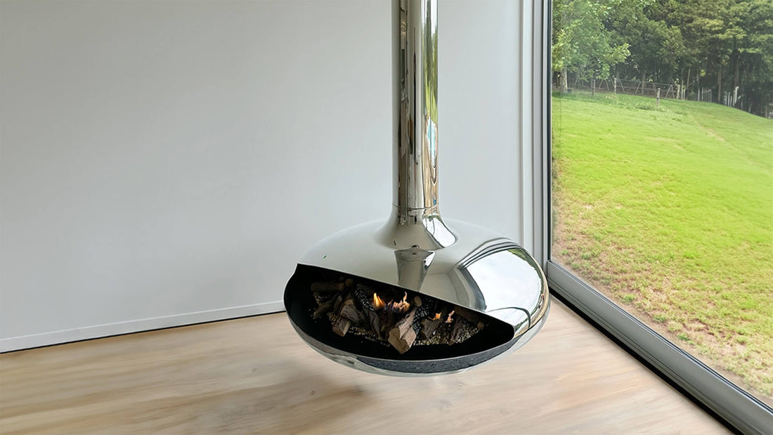 Curve 90 stainless steel suspended fireplace in modern interior