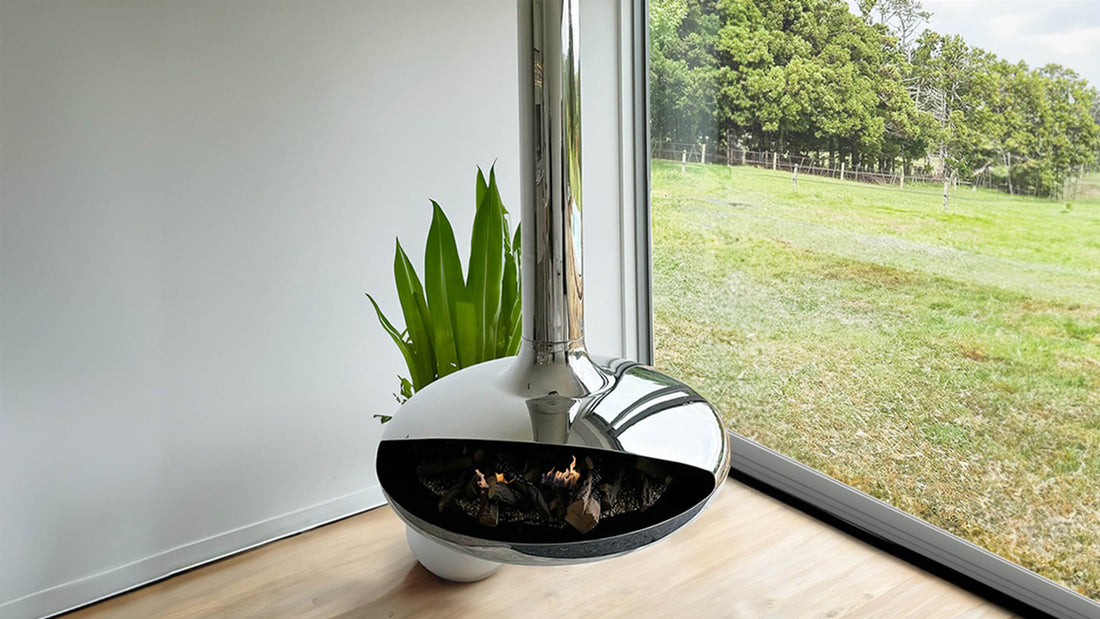 Curve 90 stainless steel suspended fireplace in contemporary interior