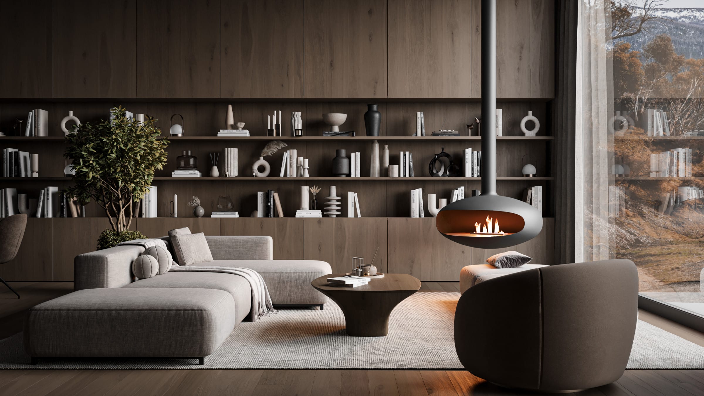 Modern living room with a iconic 900 suspended fireplace, bookshelves, and large windows.
