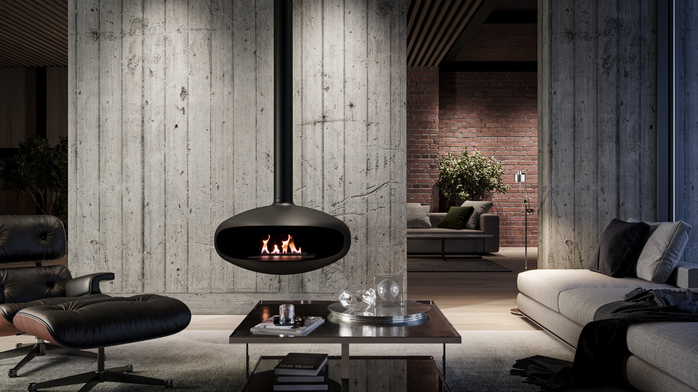Iconic 900 suspended fireplace in modern living room