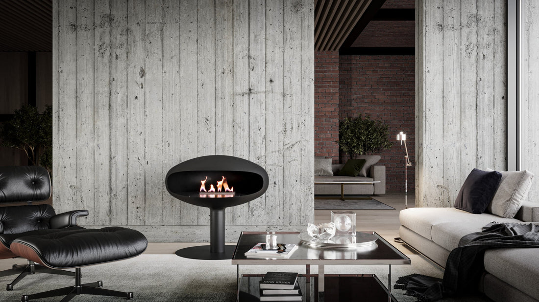 Iconic 900 pedestal fireplace in a modern living room during the day