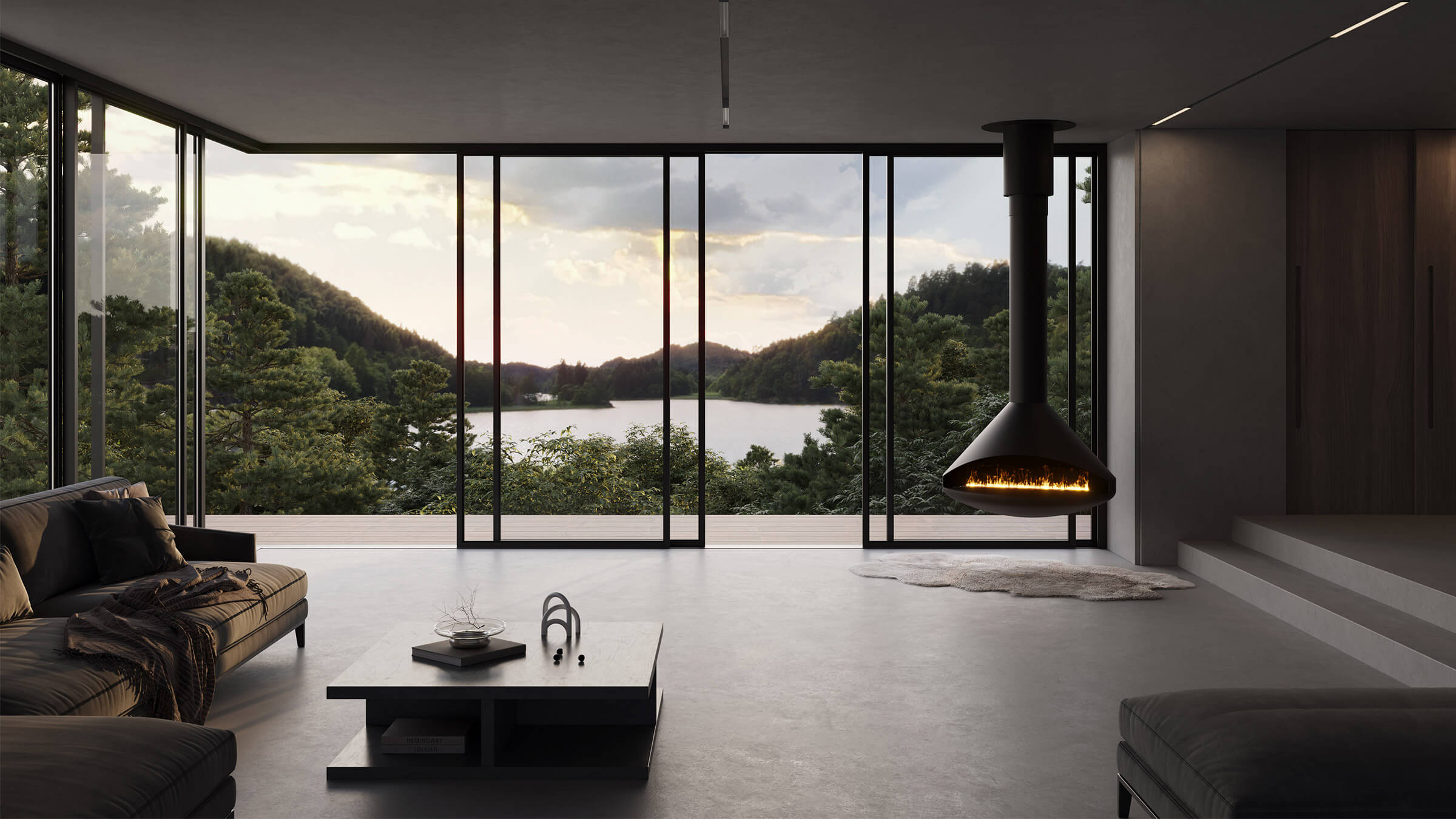 Orbit black hanging fireplace in modern architectural interior