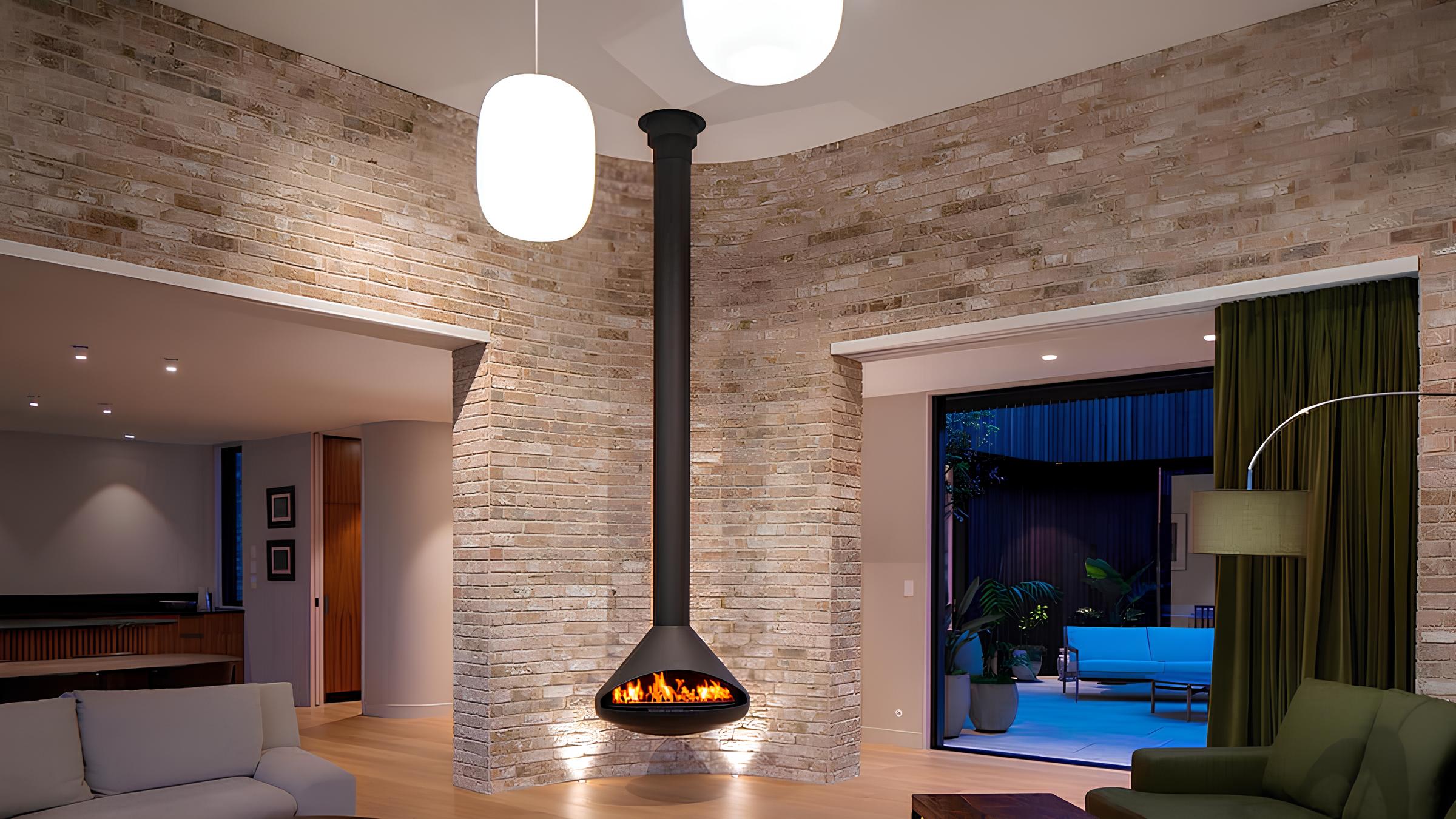 Orbit black suspended fireplace in contemporary living room