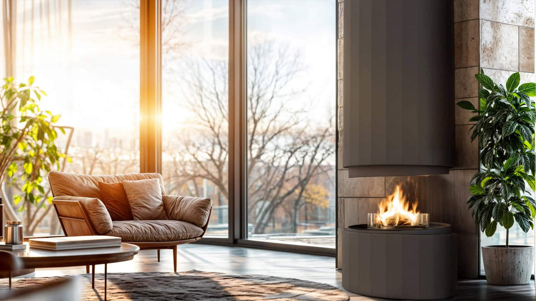 Pillar suspended fireplace in a modern living room