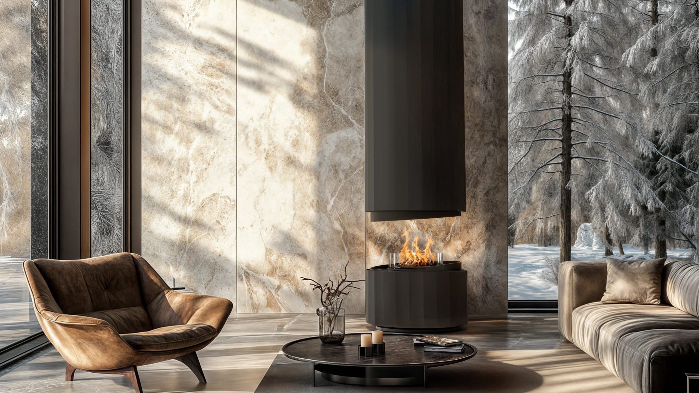 Pillar suspended fireplace in Modern living room