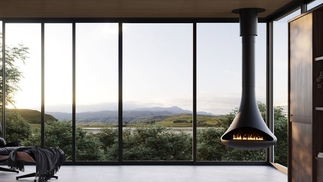 Silo suspended fireplace in a modern living room