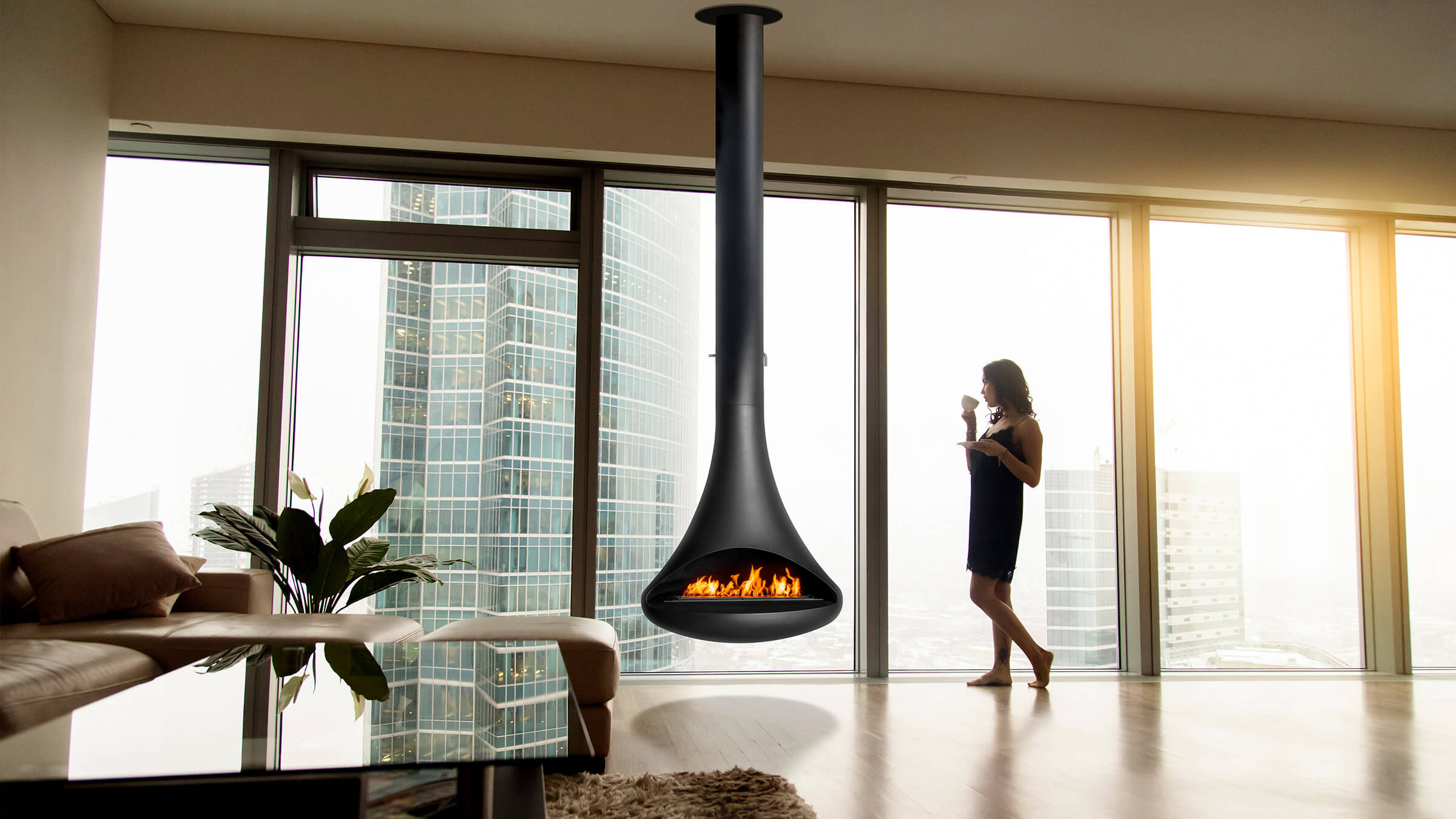 Silo suspended fireplace in apartment front view