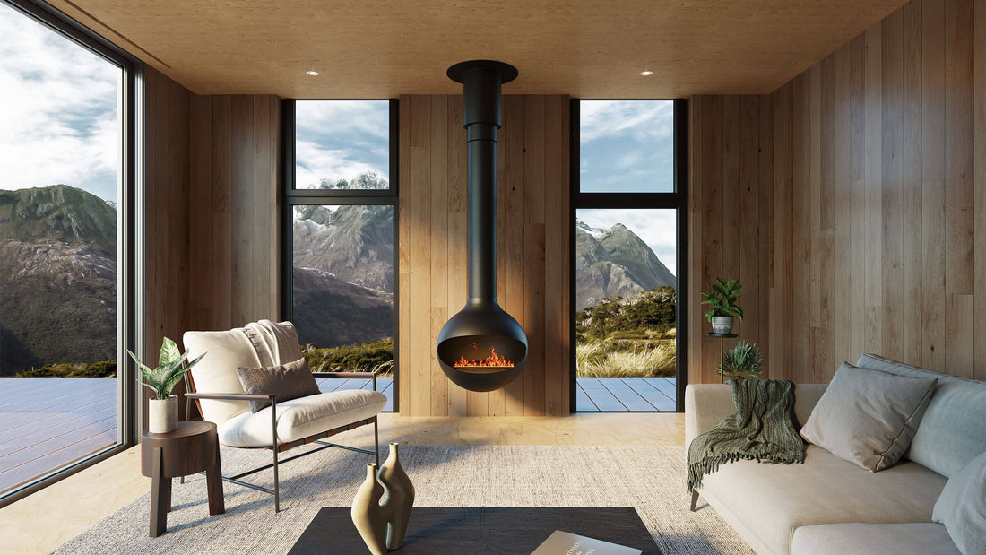 Sphere black suspended fireplace in contemporary living space