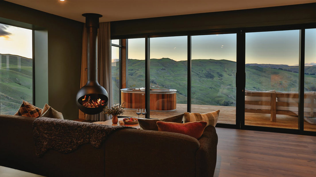 Sphere black suspended fireplace in contemporary home