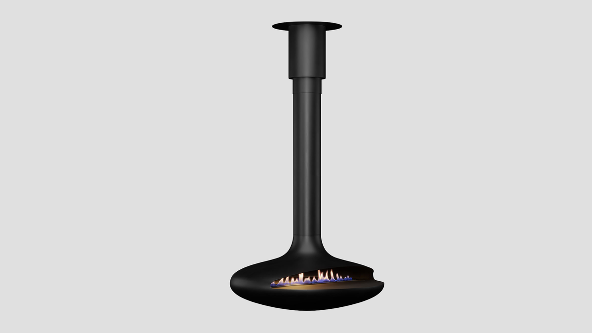 Curve 120 suspended fireplace in black powdercoat finish