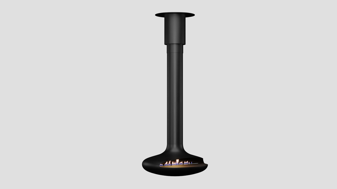 Curve 90 suspended fireplace in black powdercoat finish