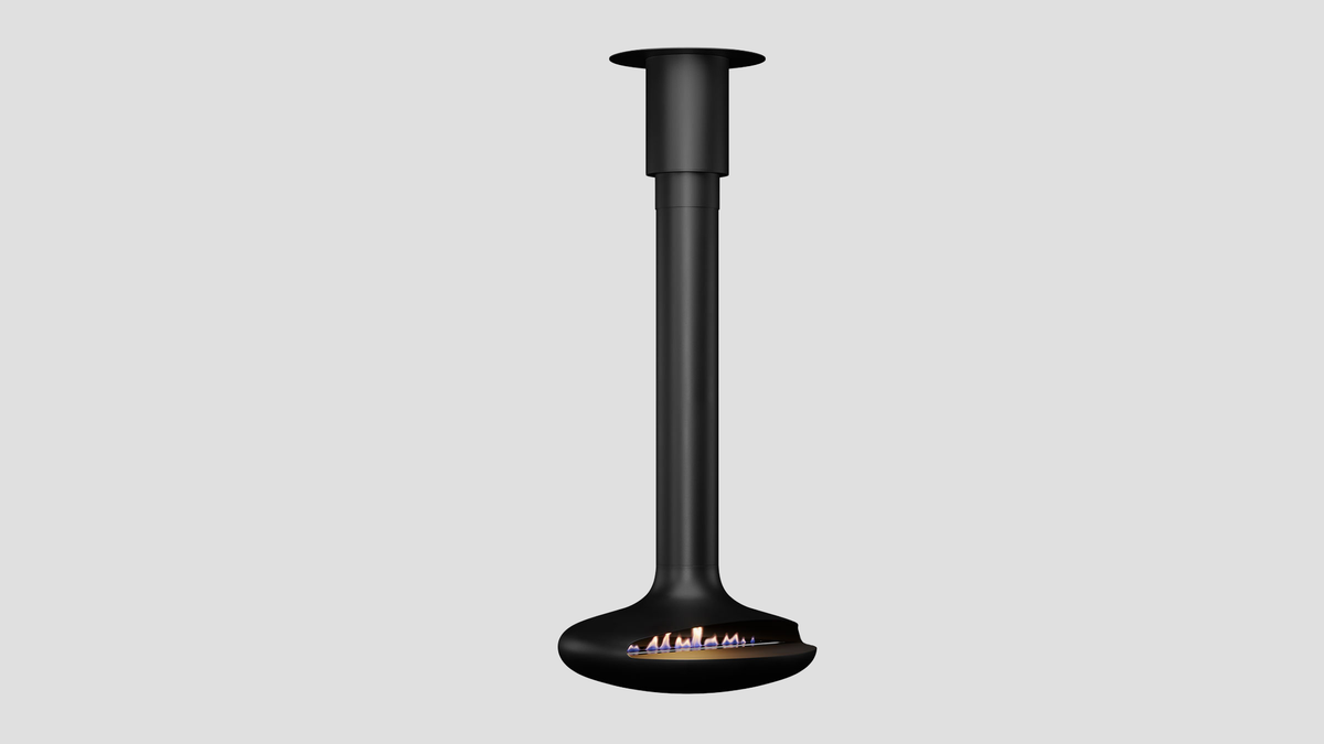Curve 90 suspended fireplace in black powdercoat finish