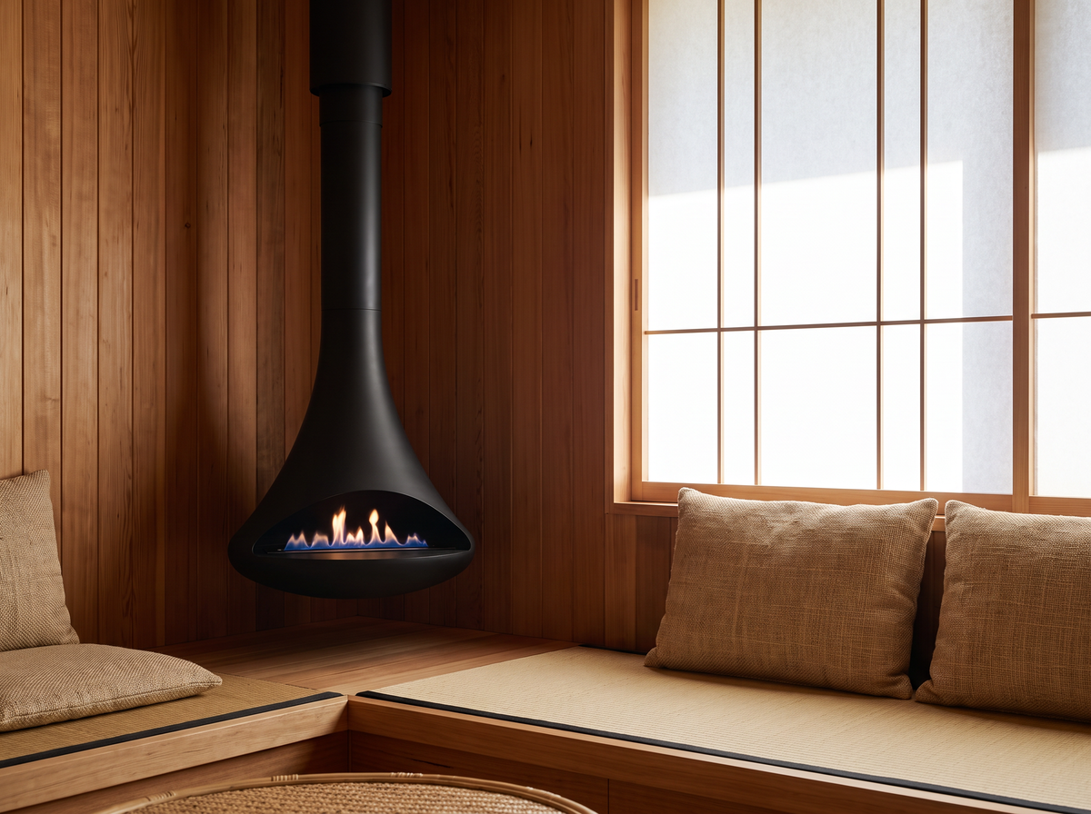 Black Silo suspended fire in the corner of a timber reading nook