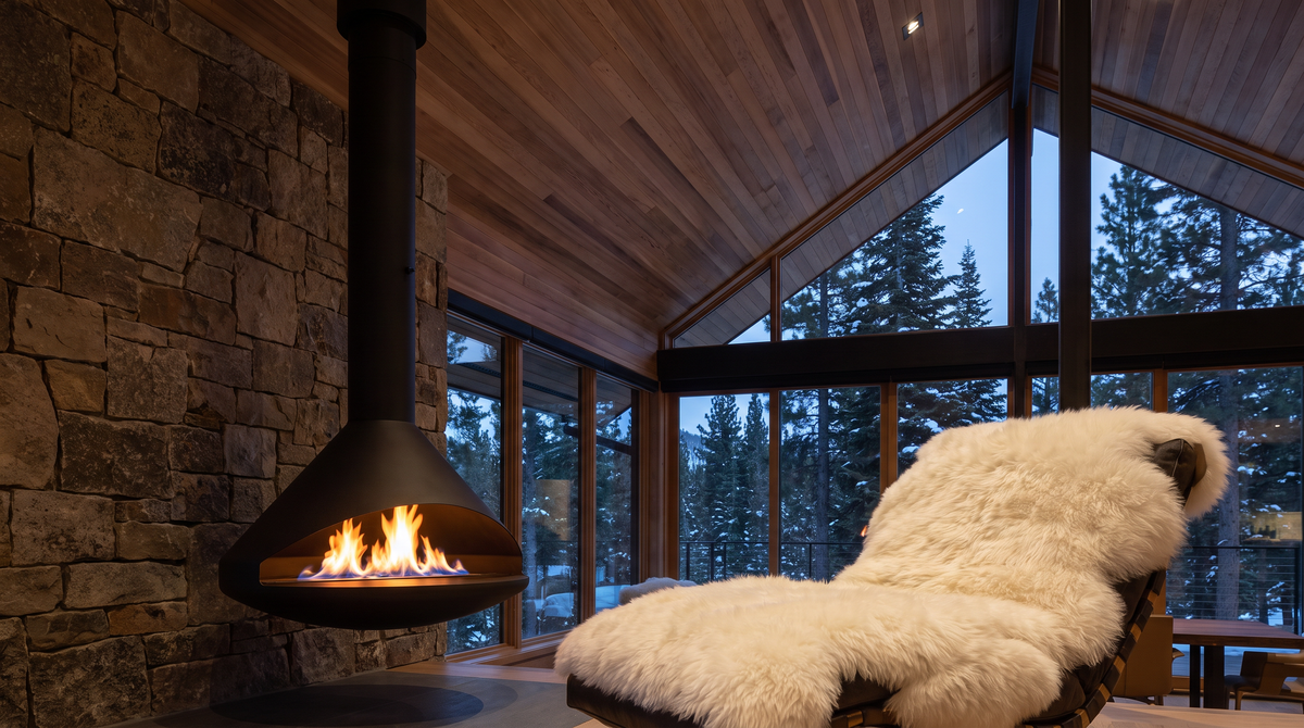 Black Orbit suspended fire under a pitched cedar ceiling