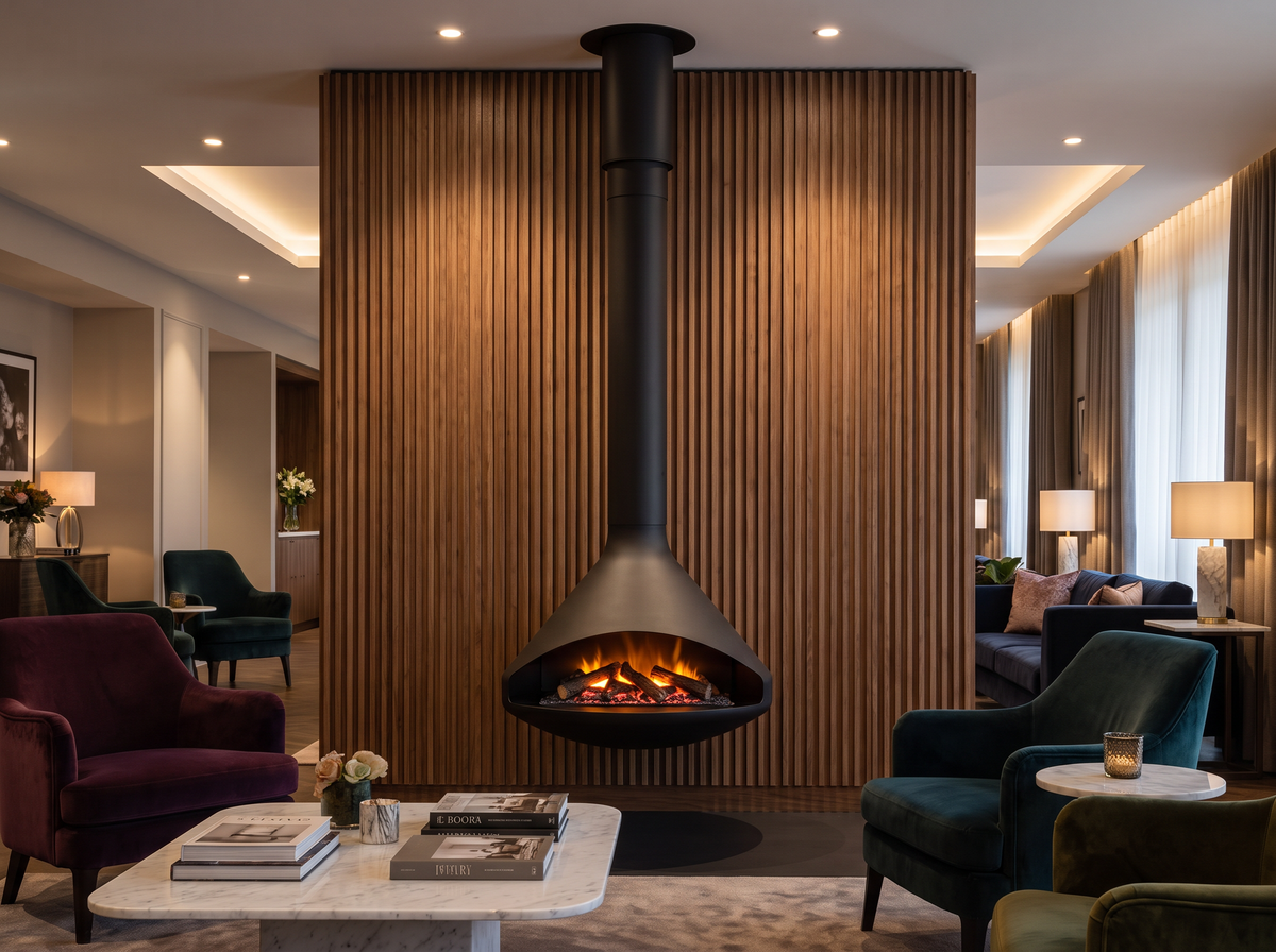 Black Orbit suspended fire with an electric insert in a hotel lounge