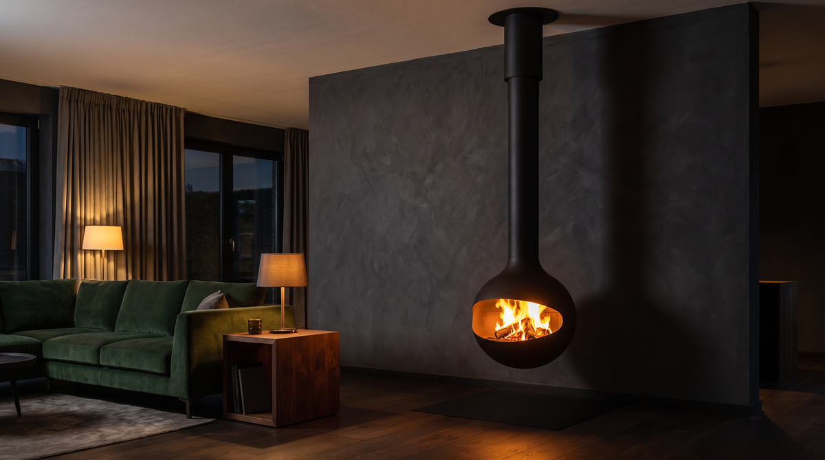 Black Sphere suspended fire against a charcoal wall in a lounge