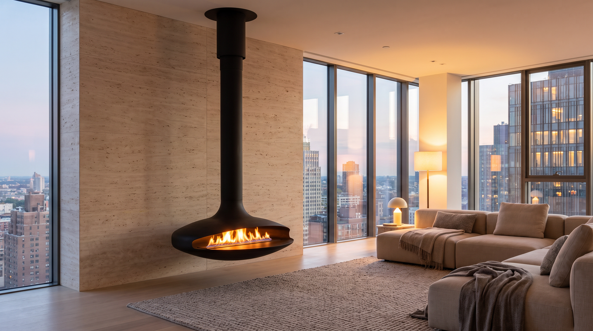 Black Curve 120 suspended fire against a travertine wall in a city apartment